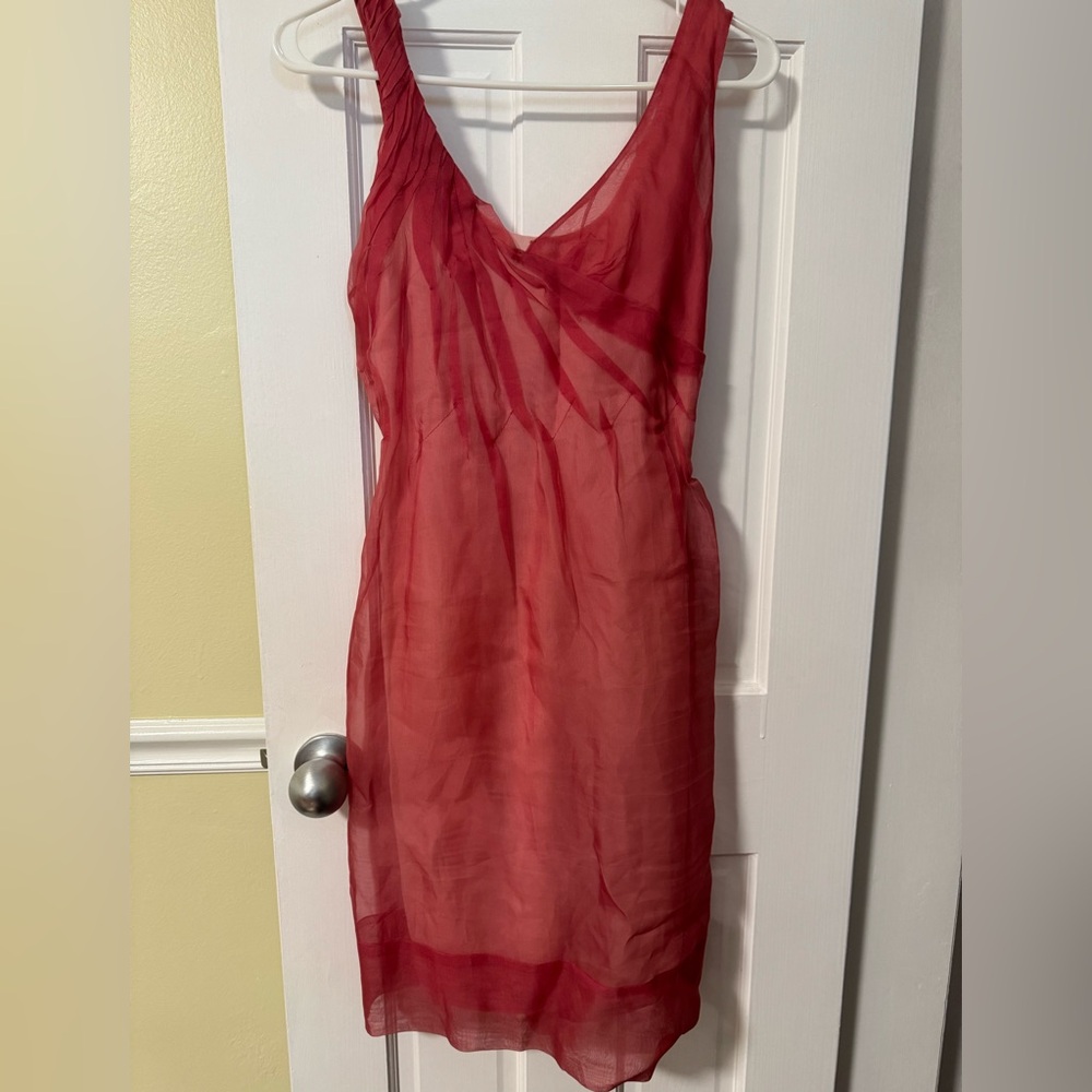 BCBG Runway 0 Asymmetrical Coral Reel Ruched Feminine Mermaidcore Silk Dress